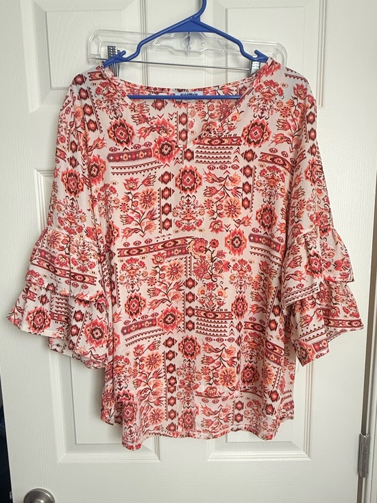 Stitchwurks Tops - Boho Red Floral Ruffle-Sleeve Tunic